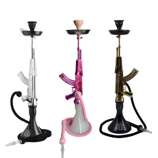MOB Hookah proudly presents the ONE and ONLY MOB AK-47 Hookah... The MOB AK47 Hookah stands tall and steady with its wide base and solid metal stem. The AK47 MOB Hookah does not only look super-special but smokes like a champ. The unique design of the waterpipe makes it an eyecatcher for all occasions. The MOB AK-47 comes with a silicone hose, a clay bowl and all other accessories to get you to battle. Included in delivery: 1 Glass Base 1 AK47 Stem 1 Black Ashtray 1 Bowl 1 Silicone Hose + Black Metal Hose Tip 1 Tong